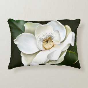 White Magnolia Closeup Green Background Accent Pillow