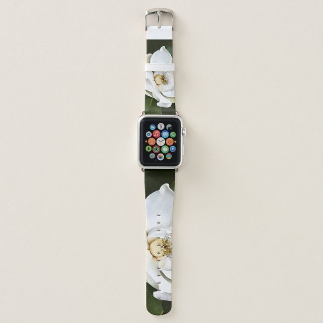 White Magnolia Closeup Green Background Apple Watch Band (Front)