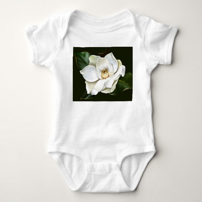White Magnolia Closeup Green Background Baby Bodysuit (Front)