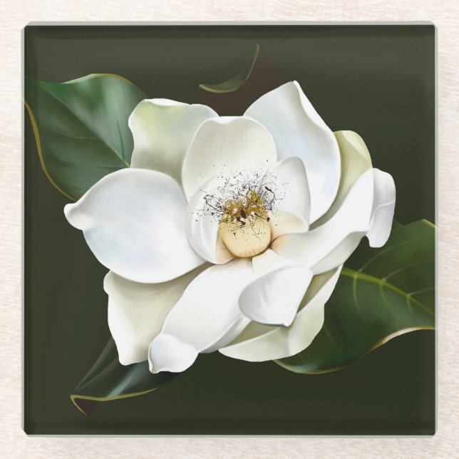 White Magnolia Closeup Green Background Glass Coaster (Front)