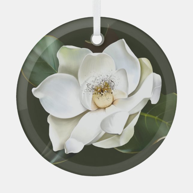White Magnolia Closeup Green Background Glass Ornament (Front)