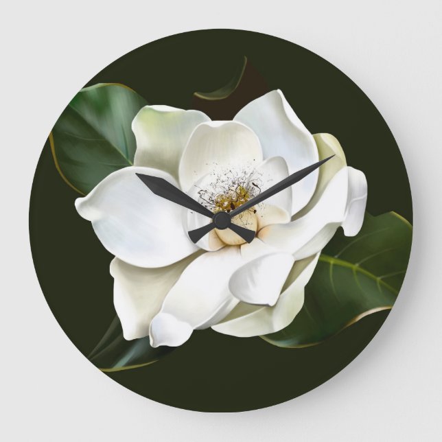White Magnolia Closeup Green Background Large Clock (Front)