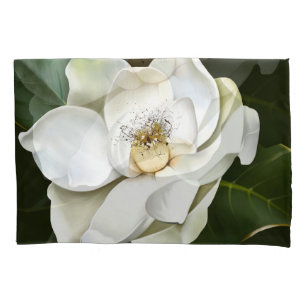 White Magnolia Closeup Green Background Pillow Case