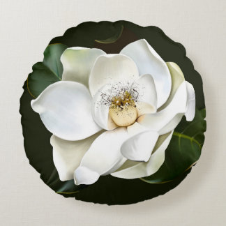 White Magnolia Closeup Green Background Round Pillow