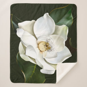 White Magnolia Closeup Green Background Sherpa Blanket
