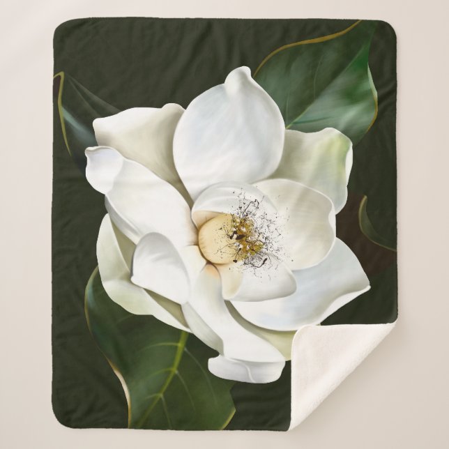 White Magnolia Closeup Green Background Sherpa Blanket (Front)