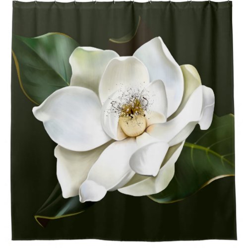 White Magnolia Closeup Green Background Shower Curtain