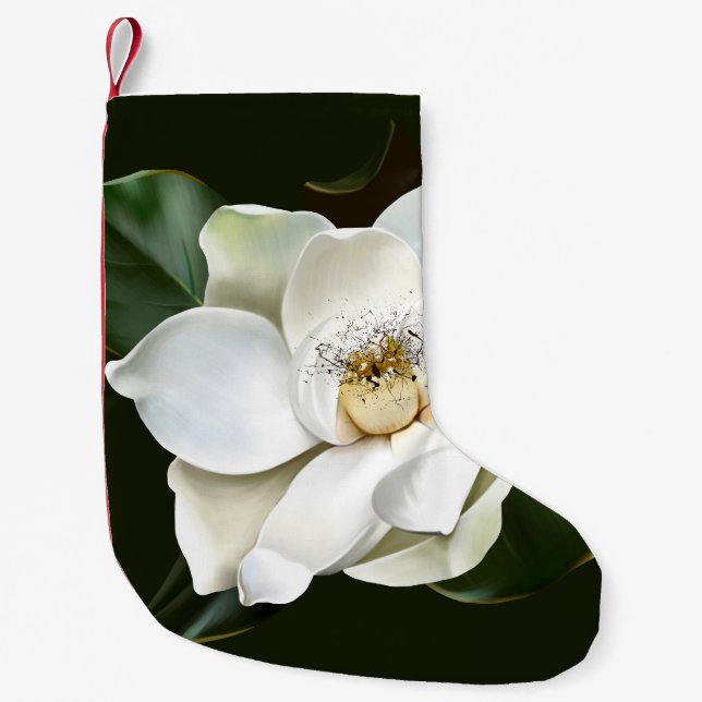 White Magnolia Closeup Green Background Small Christmas Stocking (Front)