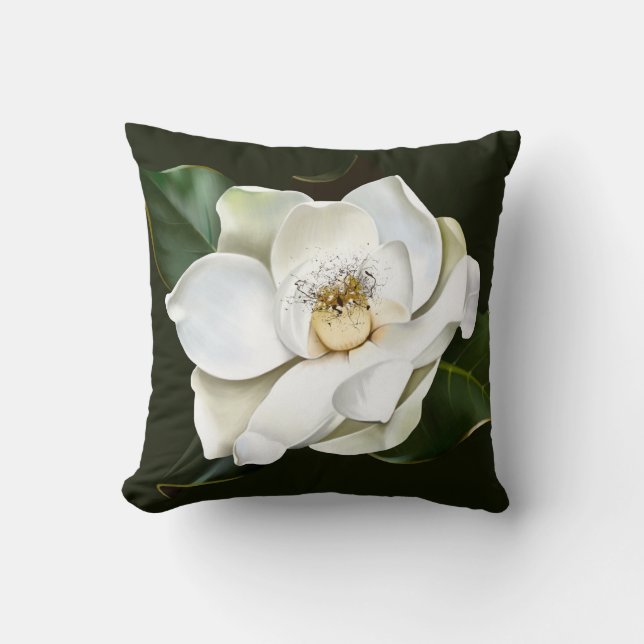 White Magnolia Closeup Green Background Throw Pillow (Front)