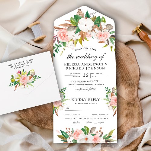 White Magnolia Cotton Blush Pink Floral Wedding All In One Invitation