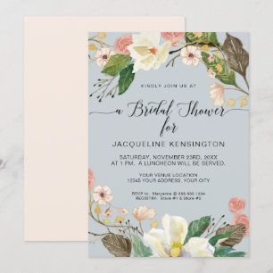 White Magnolia Dusty Blue Pink Floral Twig Foliage Invitation