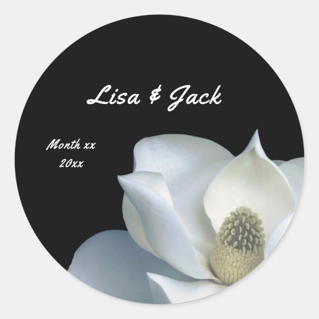 White Magnolia Elegant Black and White Wedding Classic Round Sticker (Front)
