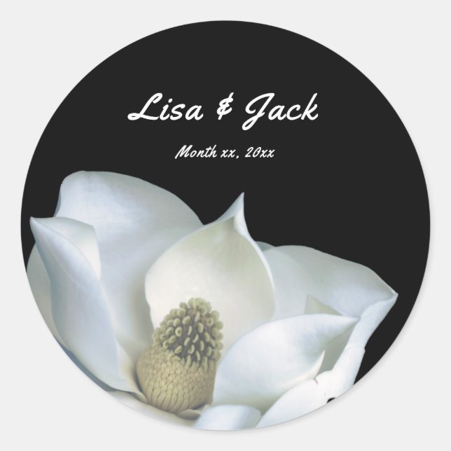 White Magnolia Elegant Black and White Wedding Classic Round Sticker (Front)