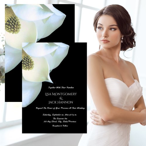 White Magnolia Elegant Black White Floral Wedding  Invitation
