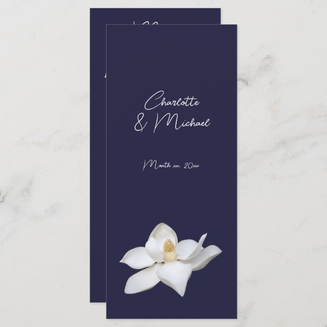 White Magnolia Elegant Flora Wedding on Navy Menu (Front/Back)