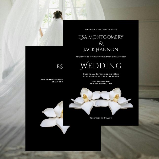 White Magnolia Elegant Floral on Black Wedding Invitation (White Magnolia Elegant Floral on Black Wedding Invitation)