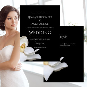White Magnolia Elegant Floral on Black Wedding Invitation