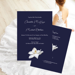 White Magnolia Elegant Floral on Navy Wedding Invitation