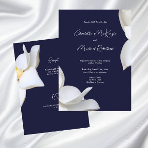 White Magnolia Elegant Floral on Navy Wedding Invitation