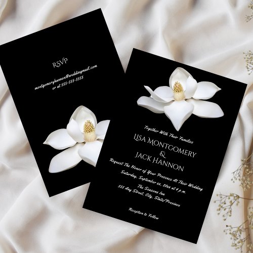 White Magnolia Elegant Wedding Black White Floral  Invitation