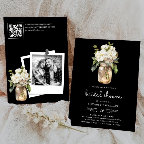 White Magnolia Floral Black QR Code Bridal Shower Invitation