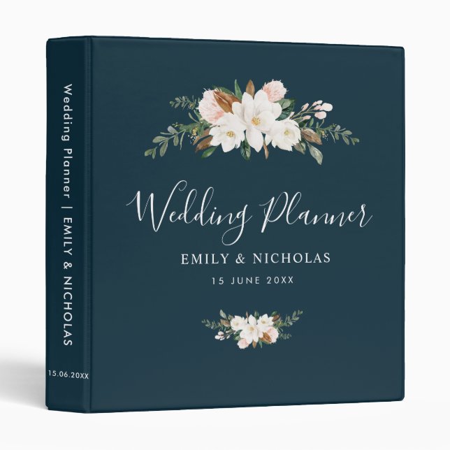white magnolia floral blue wedding planner 3 ring binder (Front/Spine)