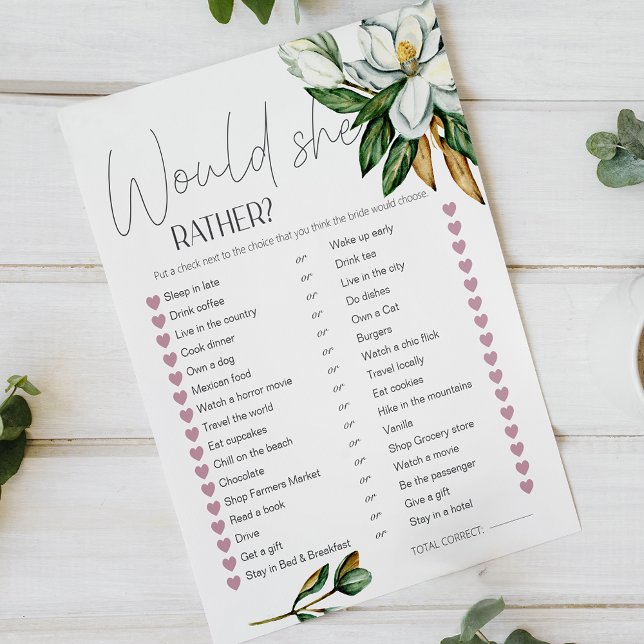White Magnolia Floral Bridal Game Would She Rather (Creator Uploaded)