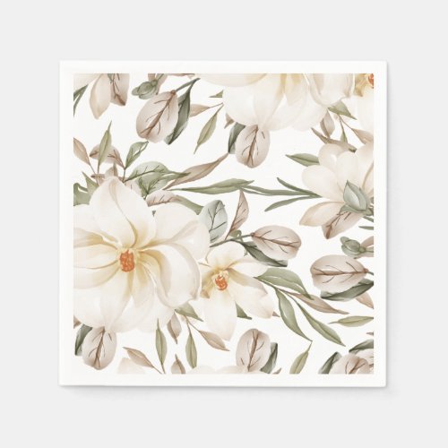White Magnolia Floral Bridal Shower Greenery Napkins