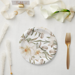White Magnolia Floral Bridal Shower Greenery Paper Plates
