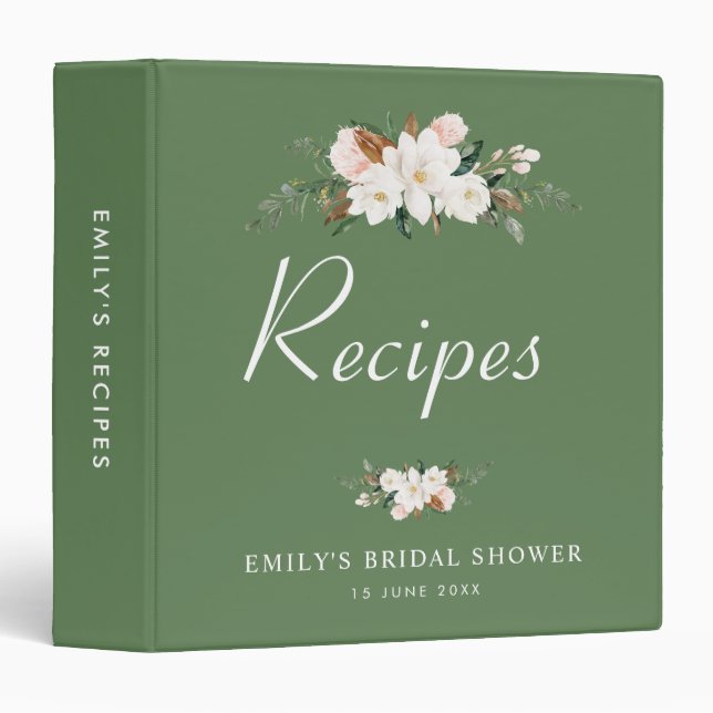 white magnolia Floral bridal shower recipe book 3 Ring Binder (Front/Spine)