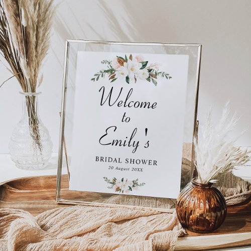 white magnolia floral bridal shower welcome sign