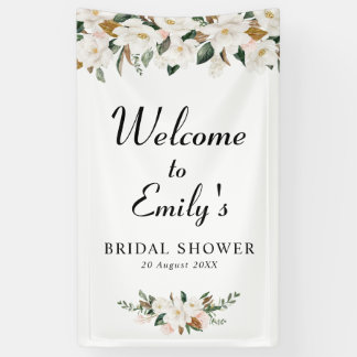 white magnolia floral bridal shower welcome sign