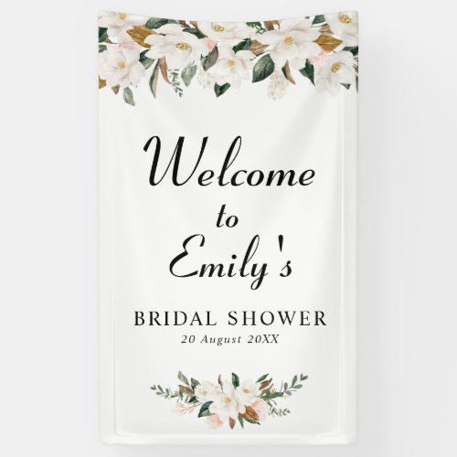 white magnolia floral bridal shower welcome sign