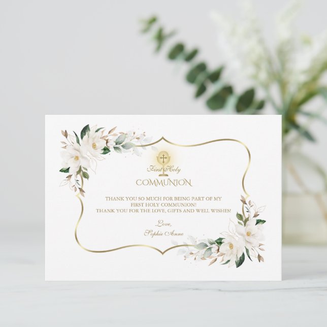 White Magnolia Floral First Holy Communion  Thank You Card (Standing Front)