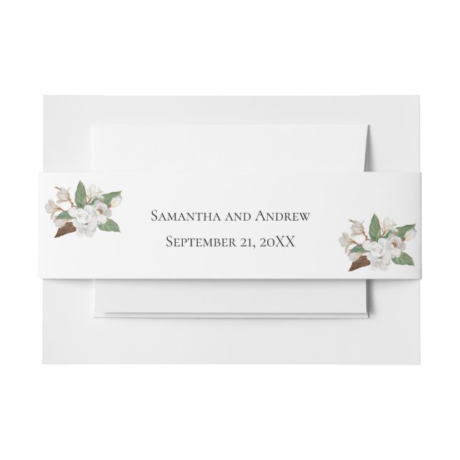 White Magnolia Floral Formal Classic Wedding  Invitation Belly Band (Front Example)
