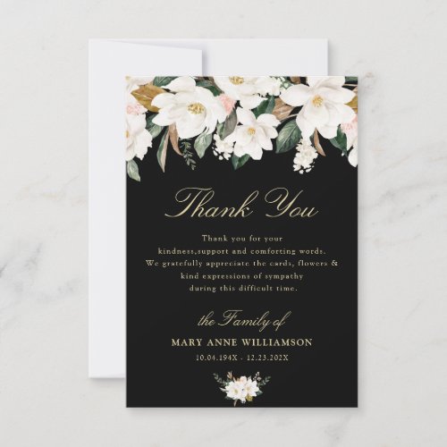 white magnolia floral funeral thank you note
