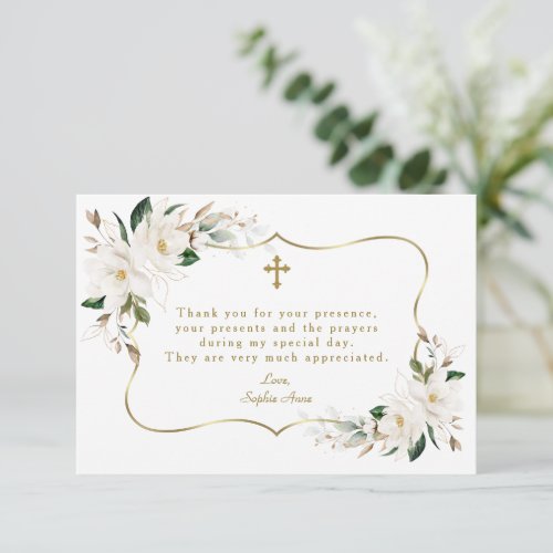 White Magnolia Floral Gold Frame Cross Baptism  Thank You Card
