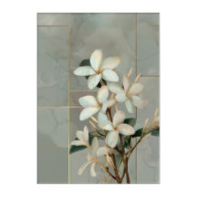 White Magnolia Floral Gold Line Marble