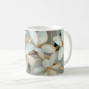 White Magnolia Floral Gold Line Marble Coffee Mug