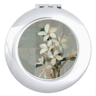 White Magnolia Floral Gold Line Marble Compact Mirror
