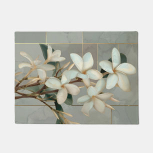 White Magnolia Floral Gold Line Marble Doormat