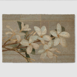 White Magnolia Floral Gold Line Marble Fiber Doormat