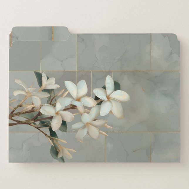 White Magnolia Floral Gold Line Marble File Folder (Front Left)