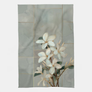 White Magnolia Floral Gold Line Marble Kitchen Towel