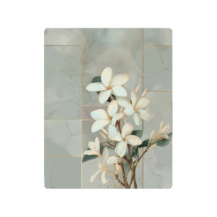 White Magnolia Floral Gold Line Marble Metal Print