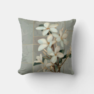 White Magnolia Floral Gold Line Marble Throw Pillow