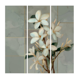 White Magnolia Floral Gold Line Marble Triptych