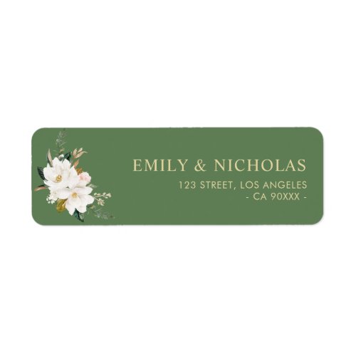 white magnolia floral green address label