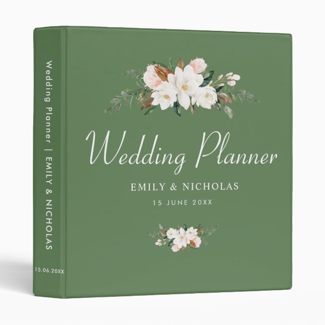 white magnolia floral green wedding planner 3 ring binder (Front/Spine)