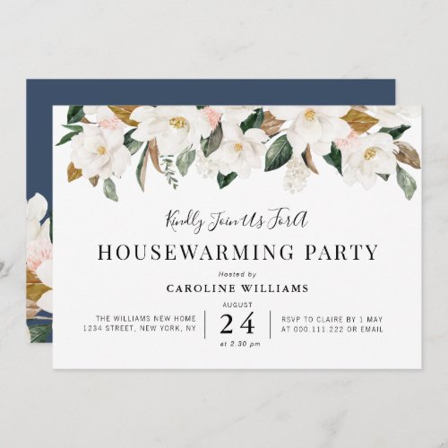 white magnolia floral housewarming party invitation